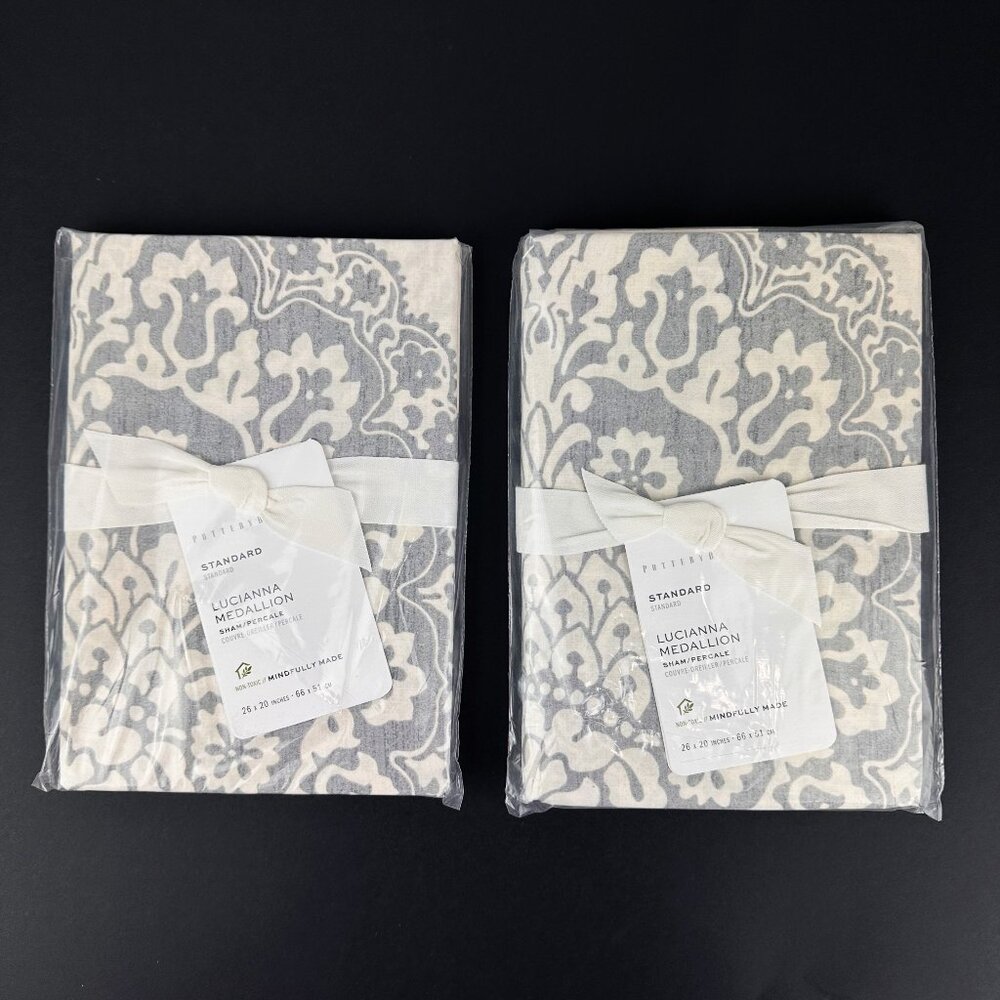 2x New Pottery Barn "Lucianna Medallion" STANDARD Sham Gray Organic Cotton